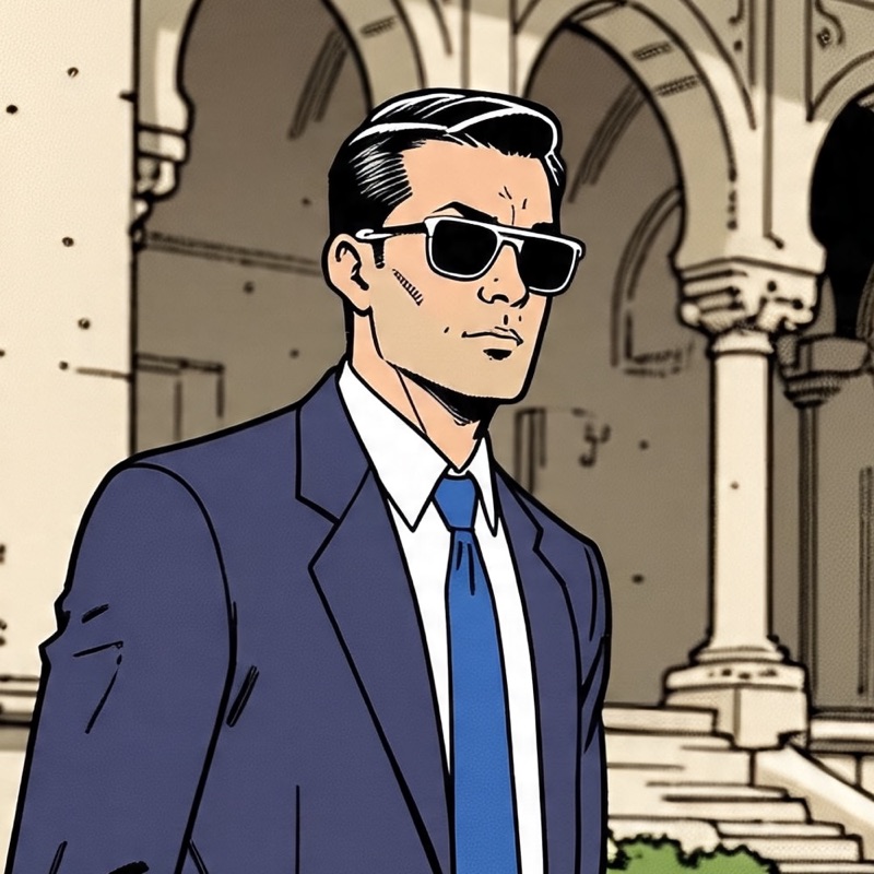 Comic-style illustrated portrait of Prince Kumar in a navy suit and sunglasses